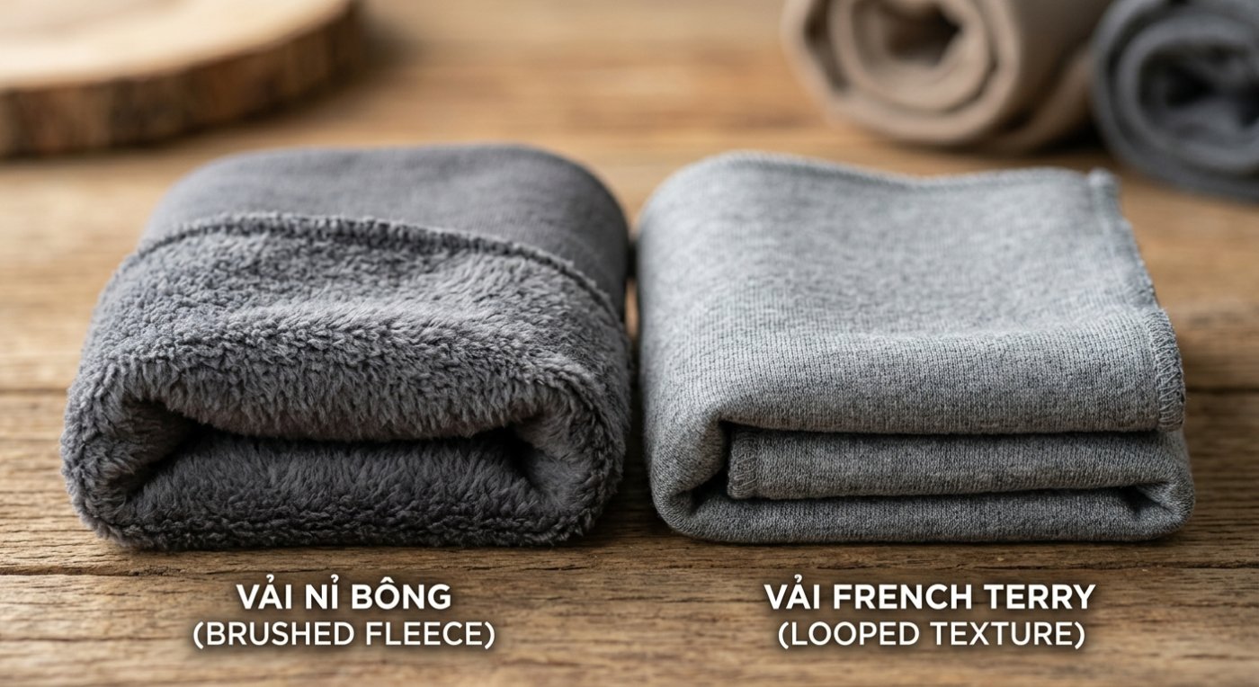 Cận cảnh bề mặt chất liệu vải nỉ bông và vải chân cua dùng để may áo hoodie