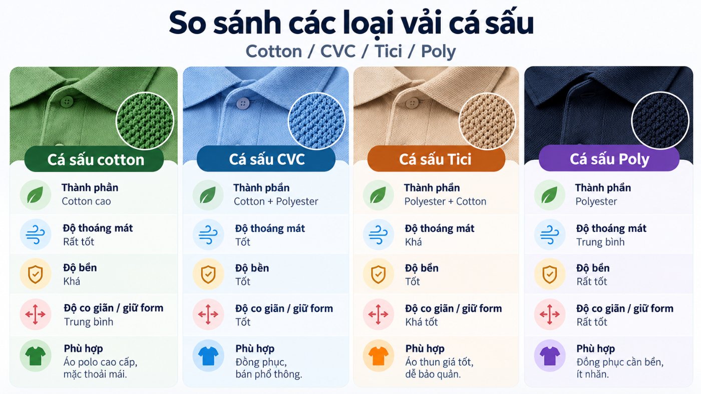 So sánh vải cá sấu cotton, cá sấu cvv, cá sấu Tici và cá sấu poly