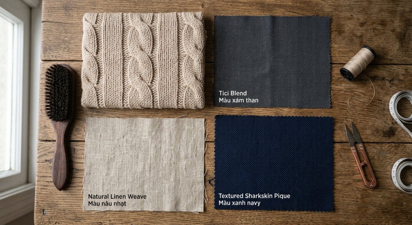 Cận cảnh bề mặt chất liệu Vải Cotton, Vải Linen, Vải Tici và Vải Cá Mập may thời trang thu đông nam