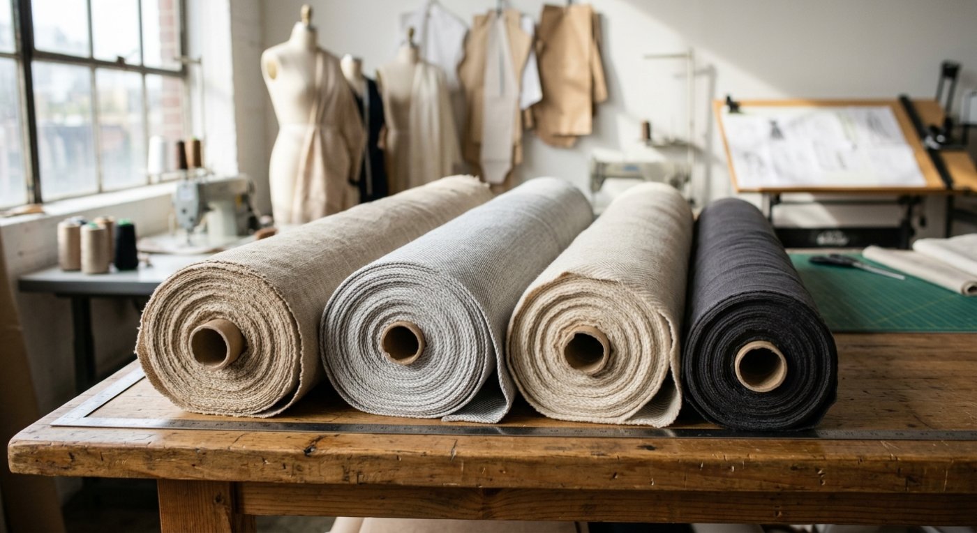 Cận cảnh các cuộn vải thun chất lượng cao trên bàn cắt may của xưởng thời trang